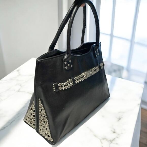 Sergio Gutierrez SG Liquid Metal Black Leather Tote Bag Italy Silver Mesh Chic - Picture 11 of 13